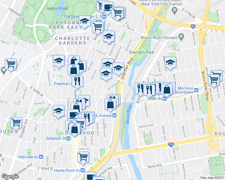 map of restaurants, bars, coffee shops, grocery stores, and more near 1315 West Farms Road in Bronx