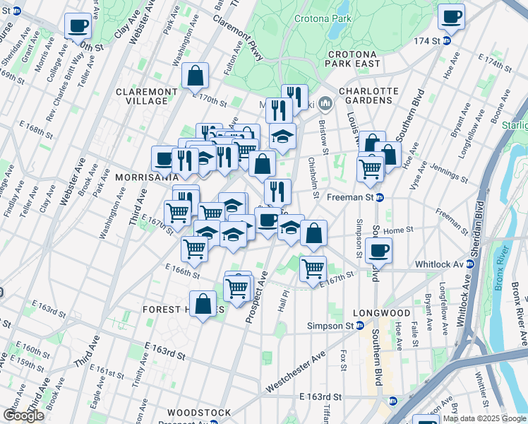 map of restaurants, bars, coffee shops, grocery stores, and more near 786 East 169th Street in Bronx
