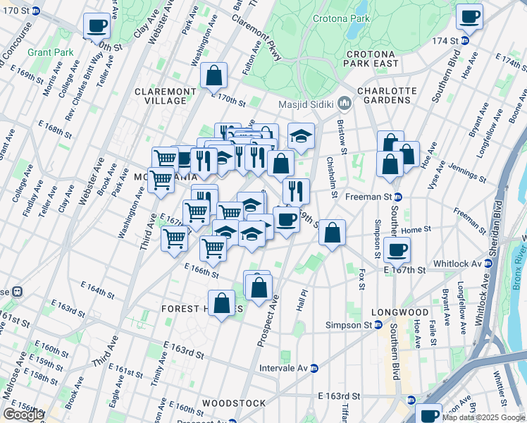 map of restaurants, bars, coffee shops, grocery stores, and more near 1225 Tinton Avenue in The Bronx