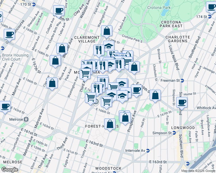 map of restaurants, bars, coffee shops, grocery stores, and more near 1225 Boston Road in Bronx