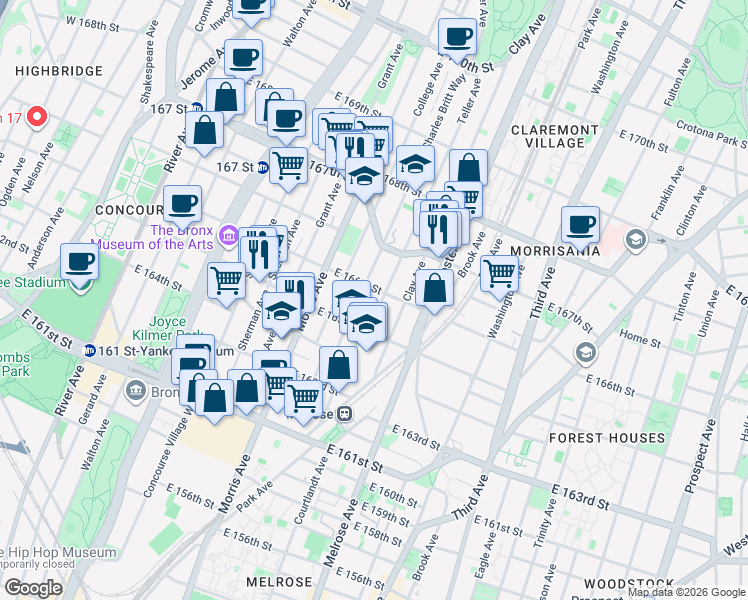 map of restaurants, bars, coffee shops, grocery stores, and more near 318 East 166th Street in The Bronx