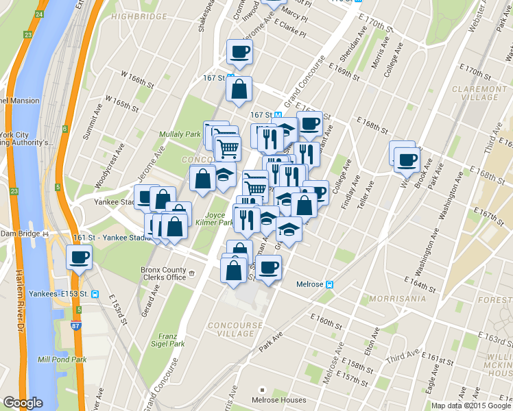 map of restaurants, bars, coffee shops, grocery stores, and more near 1020 Grand Concourse in Bronx