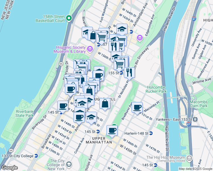 map of restaurants, bars, coffee shops, grocery stores, and more near 1850 Amsterdam Avenue in New York