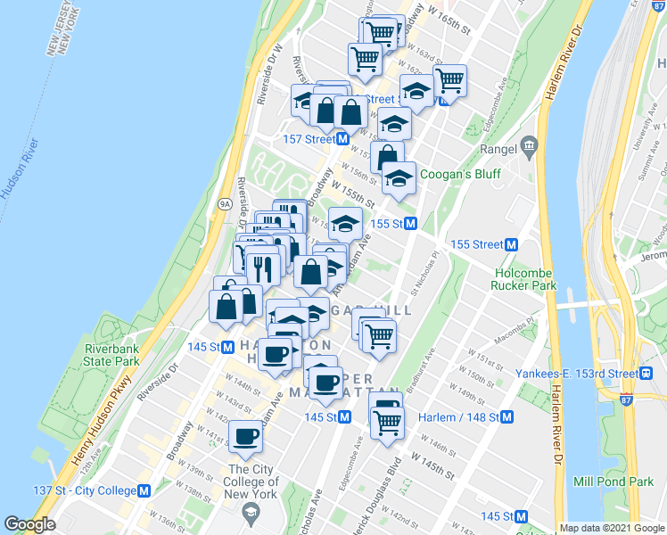 map of restaurants, bars, coffee shops, grocery stores, and more near 520 West 152nd Street in New York