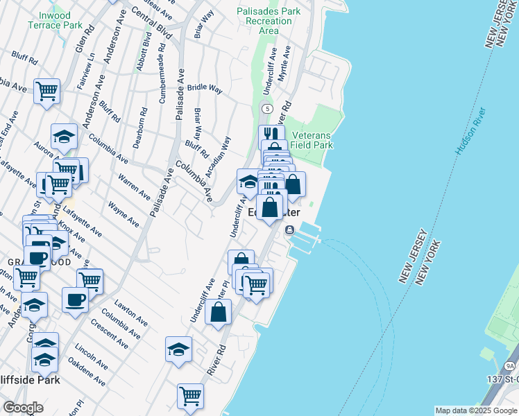 map of restaurants, bars, coffee shops, grocery stores, and more near 513 Undercliff Avenue in Edgewater