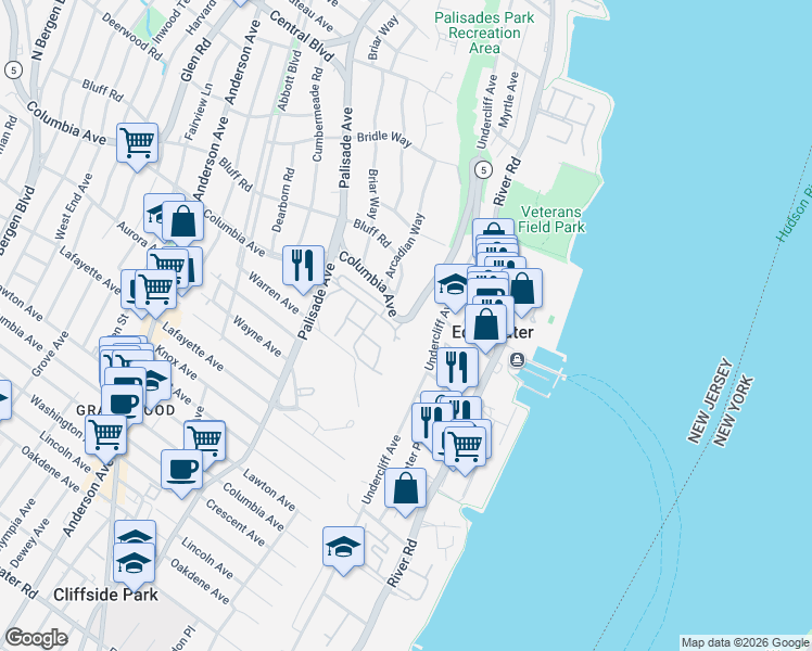 map of restaurants, bars, coffee shops, grocery stores, and more near 39 Bluff Road in Fort Lee