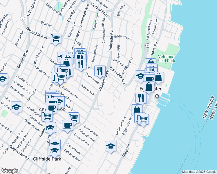 map of restaurants, bars, coffee shops, grocery stores, and more near 101 Victoria Place West in Fort Lee