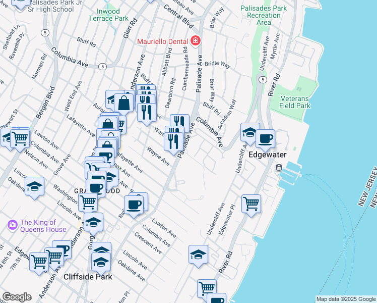 map of restaurants, bars, coffee shops, grocery stores, and more near 811 Palisade Avenue in Fort Lee