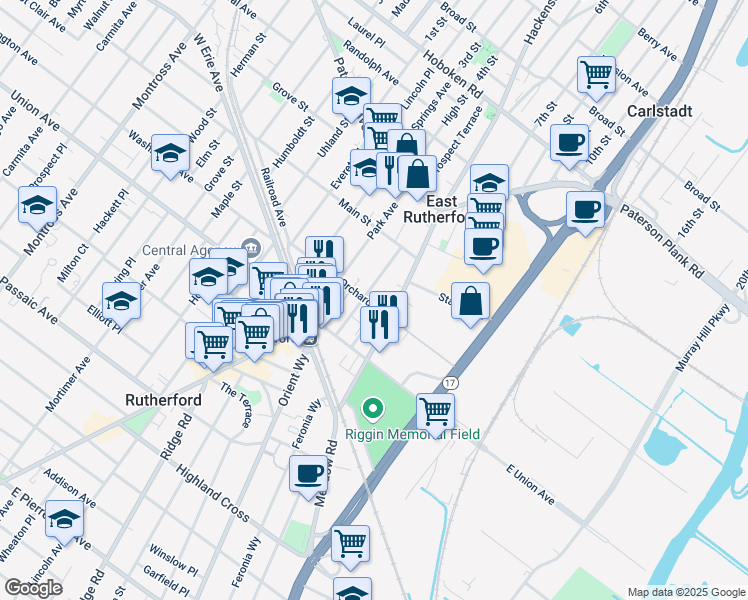 map of restaurants, bars, coffee shops, grocery stores, and more near 199 Van Winkle Street in East Rutherford