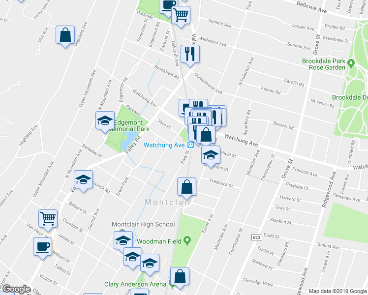 map of restaurants, bars, coffee shops, grocery stores, and more near in Montclair