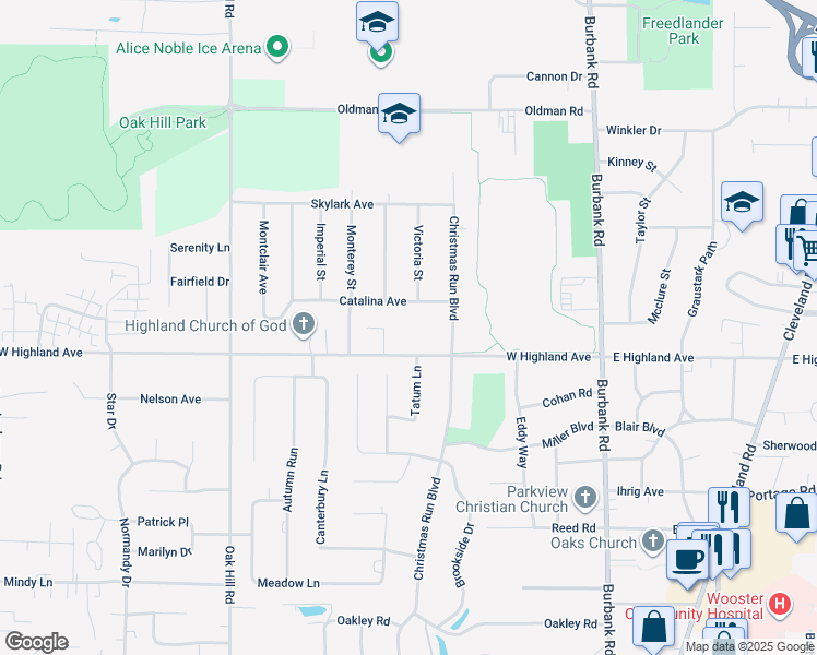 map of restaurants, bars, coffee shops, grocery stores, and more near 520 Catalina Avenue in Wooster