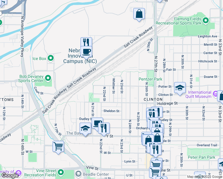 map of restaurants, bars, coffee shops, grocery stores, and more near 1701 Whittier Street in Lincoln