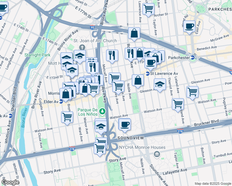 map of restaurants, bars, coffee shops, grocery stores, and more near 1200-1240 Fteley Avenue in Bronx