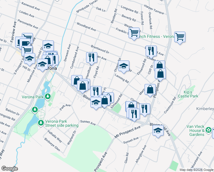 map of restaurants, bars, coffee shops, grocery stores, and more near 212 Claremont Avenue in Verona
