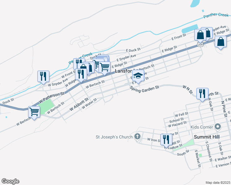 map of restaurants, bars, coffee shops, grocery stores, and more near 3 West Water Street in Lansford