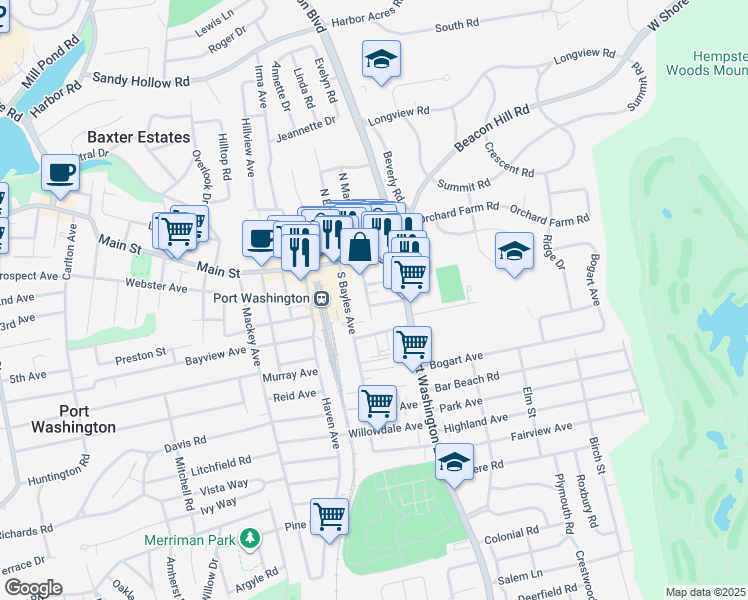 map of restaurants, bars, coffee shops, grocery stores, and more near 12 South Maryland Avenue in Port Washington