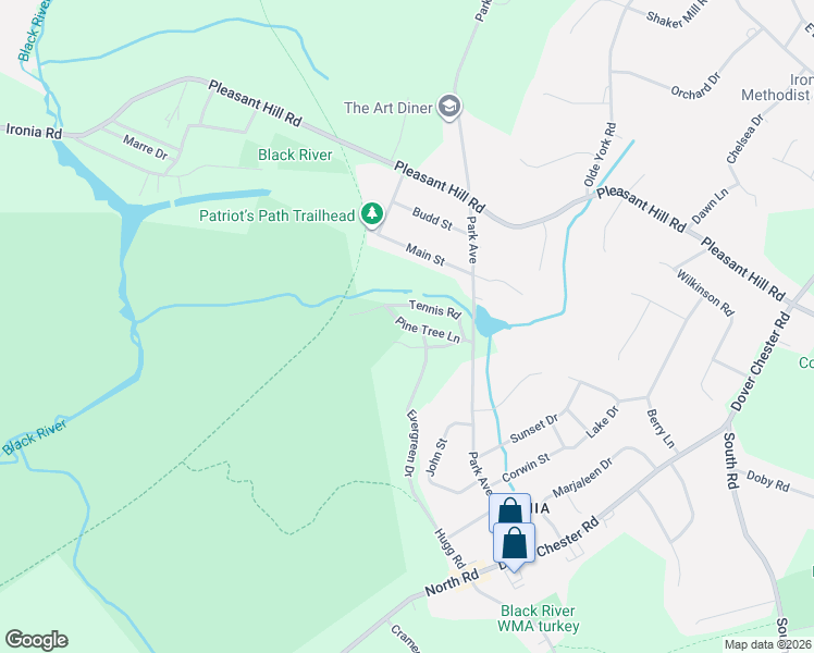 map of restaurants, bars, coffee shops, grocery stores, and more near 2 Pine Tree Lane in Chester Township