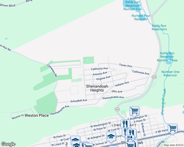 map of restaurants, bars, coffee shops, grocery stores, and more near 223 Arizona Avenue in Shenandoah