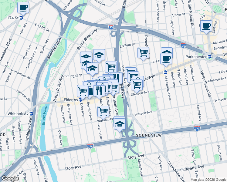 map of restaurants, bars, coffee shops, grocery stores, and more near Westchester Ave & Morrison Ave in Bronx