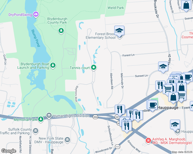 map of restaurants, bars, coffee shops, grocery stores, and more near 77 Redan Drive in Smithtown