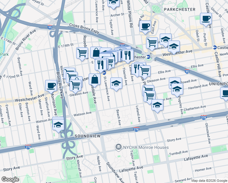 map of restaurants, bars, coffee shops, grocery stores, and more near 1207 Beach Avenue in The Bronx