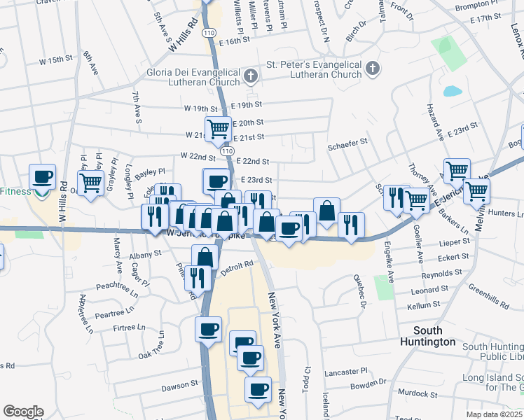 map of restaurants, bars, coffee shops, grocery stores, and more near 27 East 24th Street in Huntington Station