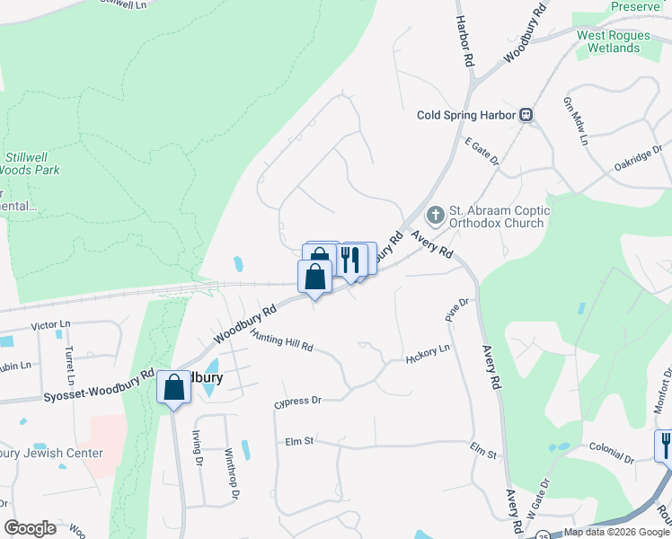 map of restaurants, bars, coffee shops, grocery stores, and more near 1 The Grasslands in Woodbury