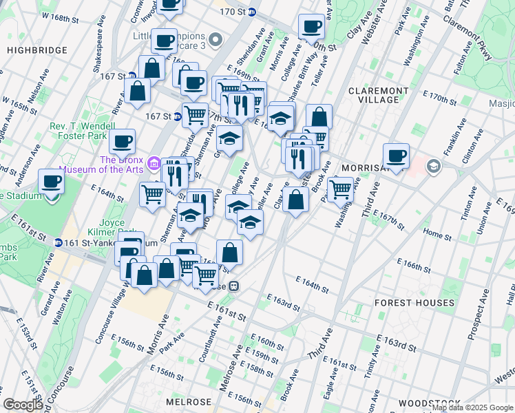 map of restaurants, bars, coffee shops, grocery stores, and more near 318 East 166th Street in The Bronx