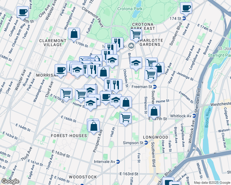 map of restaurants, bars, coffee shops, grocery stores, and more near 1347 Prospect Avenue in Bronx