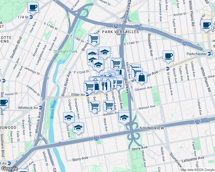 map of restaurants, bars, coffee shops, grocery stores, and more near 1226 Manor Avenue in Bronx