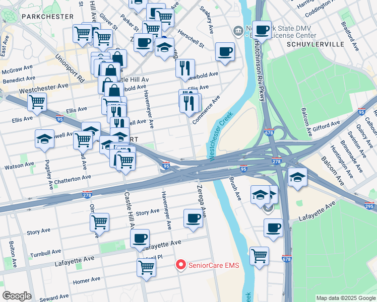 map of restaurants, bars, coffee shops, grocery stores, and more near 2383 Blackrock Avenue in Bronx