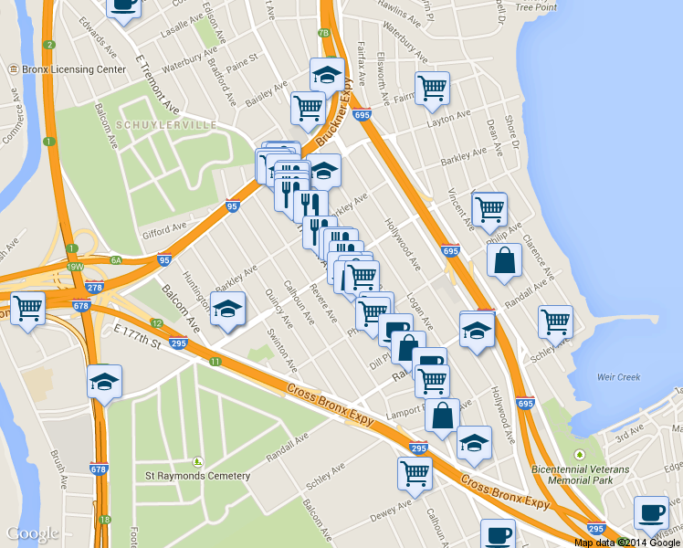 map of restaurants, bars, coffee shops, grocery stores, and more near 3557 East Tremont Avenue in The Bronx