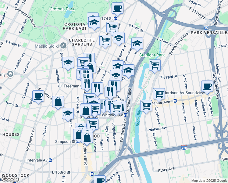 map of restaurants, bars, coffee shops, grocery stores, and more near 1406 Bryant Avenue in Bronx