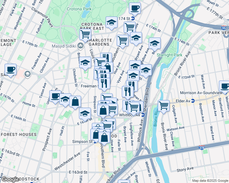 map of restaurants, bars, coffee shops, grocery stores, and more near 1235 Vyse Avenue in Bronx