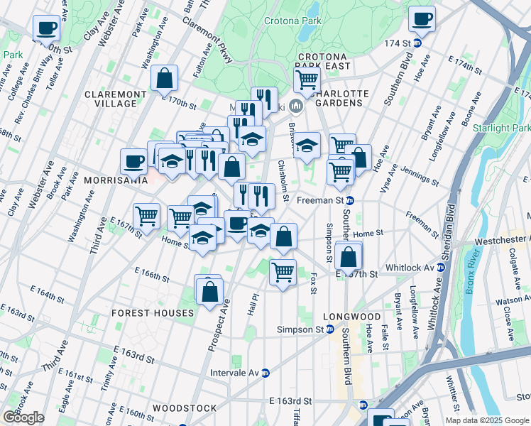 map of restaurants, bars, coffee shops, grocery stores, and more near 1347 Prospect Avenue in Bronx