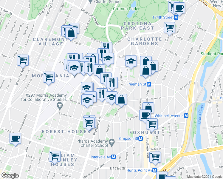 map of restaurants, bars, coffee shops, grocery stores, and more near 1347 Prospect Avenue in Bronx