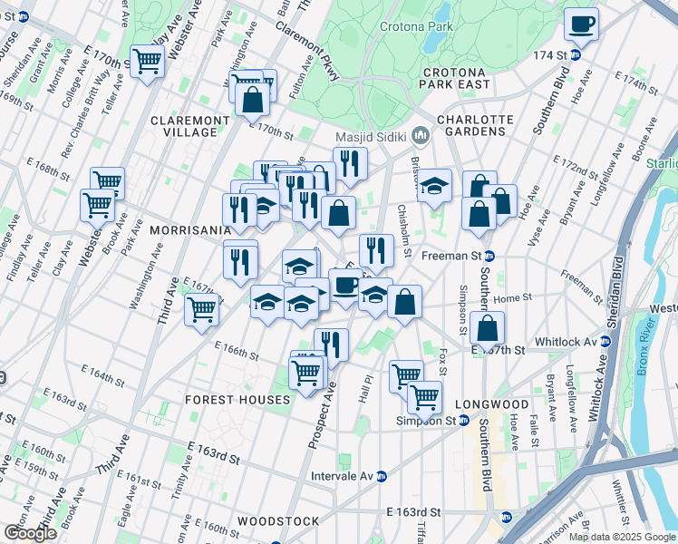 map of restaurants, bars, coffee shops, grocery stores, and more near 786 East 169th Street in Bronx