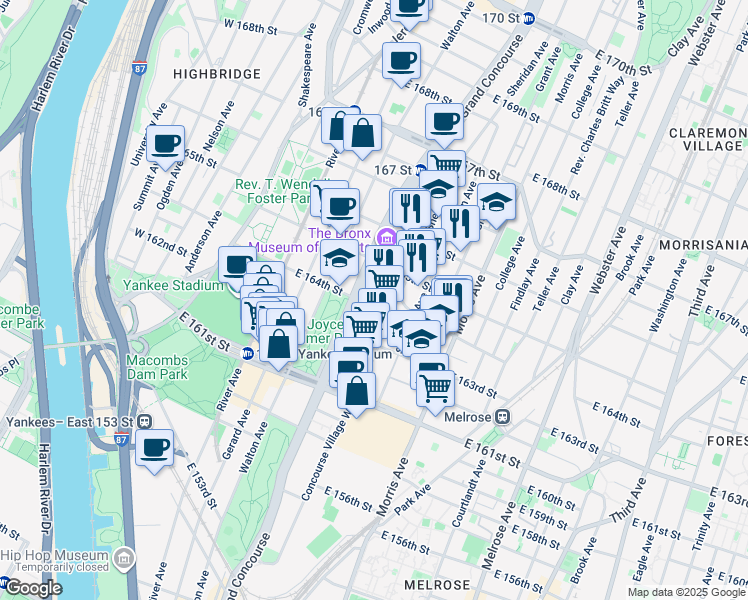 map of restaurants, bars, coffee shops, grocery stores, and more near 1020 Grand Concourse in Bronx