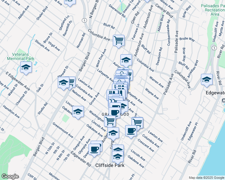 map of restaurants, bars, coffee shops, grocery stores, and more near 27 Glen Street in Cliffside Park