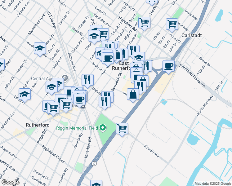 map of restaurants, bars, coffee shops, grocery stores, and more near 112 Stanley Street in East Rutherford