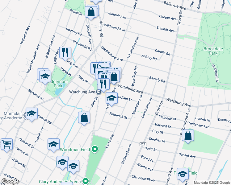 map of restaurants, bars, coffee shops, grocery stores, and more near 324 North Fullerton Avenue in Montclair