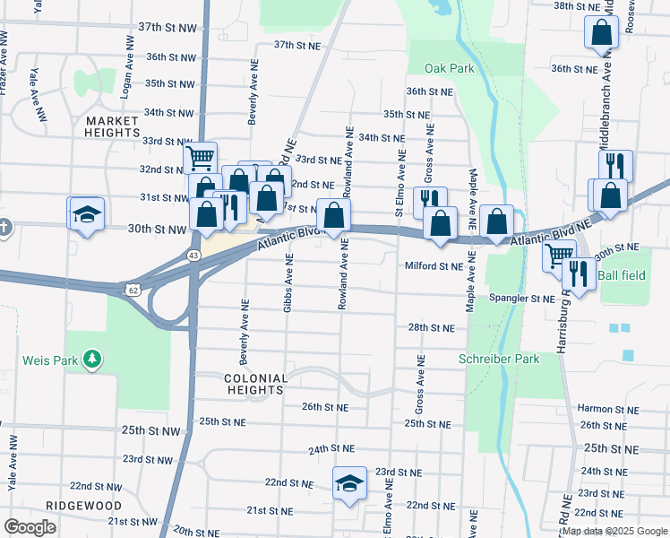 map of restaurants, bars, coffee shops, grocery stores, and more near 1209 Milford Place Northeast in Canton