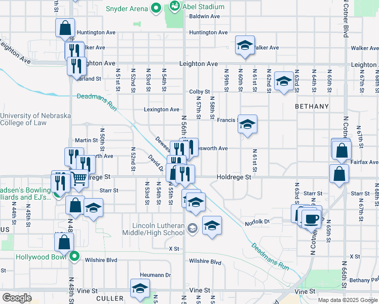 map of restaurants, bars, coffee shops, grocery stores, and more near 1701 North 57th Street in Lincoln