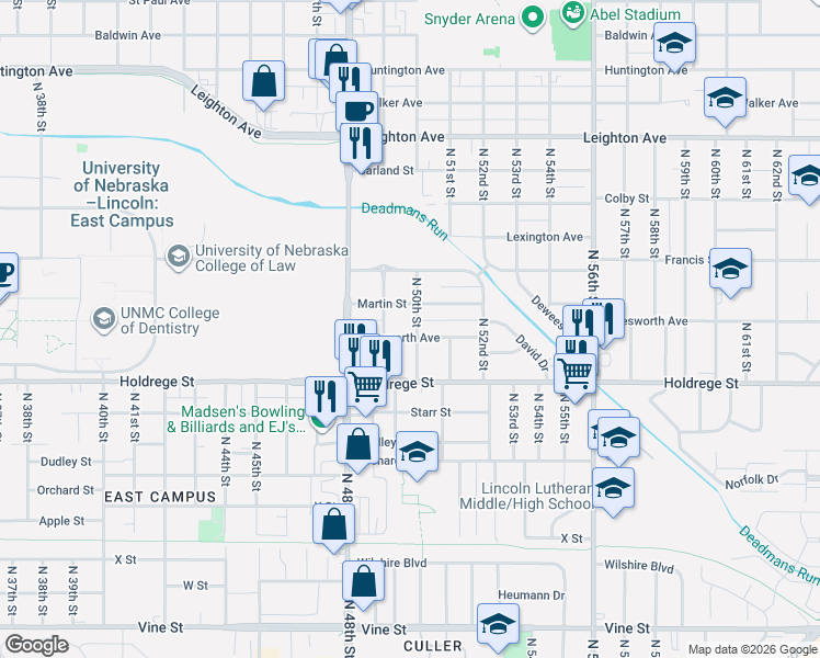 map of restaurants, bars, coffee shops, grocery stores, and more near 1730 North 50th Street in Lincoln