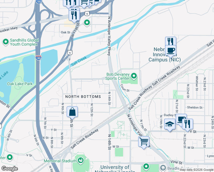 map of restaurants, bars, coffee shops, grocery stores, and more near 1643 North 14th Street in Lincoln