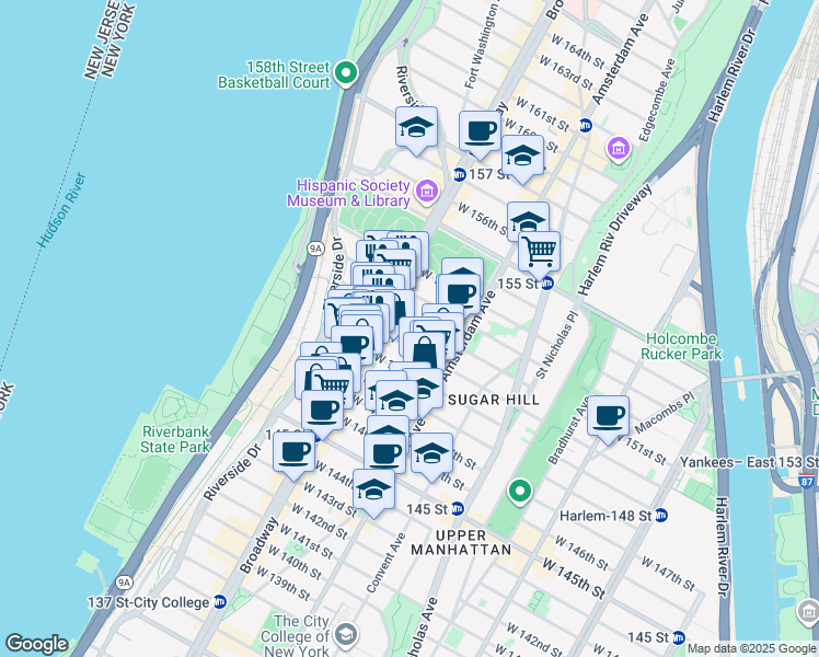 map of restaurants, bars, coffee shops, grocery stores, and more near 526 West 151st Street in New York