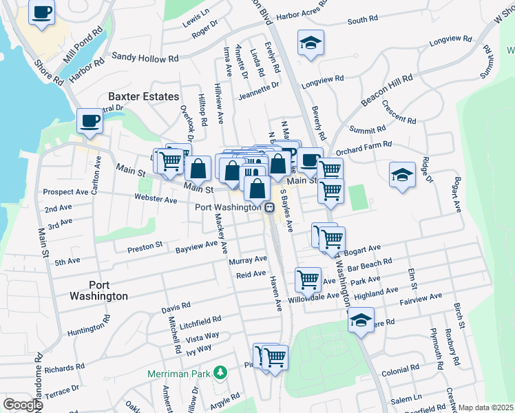 map of restaurants, bars, coffee shops, grocery stores, and more near 92 Main Street in Port Washington
