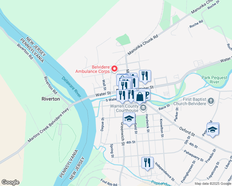 map of restaurants, bars, coffee shops, grocery stores, and more near 224 Water Street in Belvidere