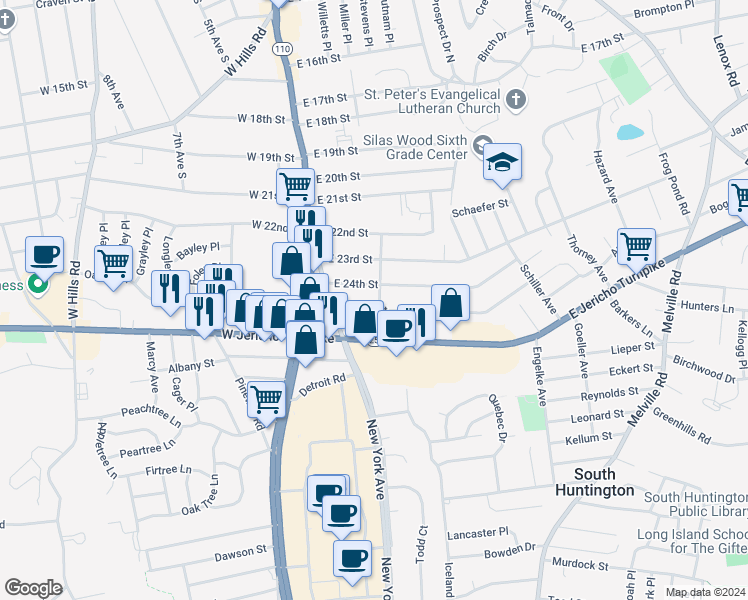 map of restaurants, bars, coffee shops, grocery stores, and more near 5 Homecrest Avenue in Huntington Station