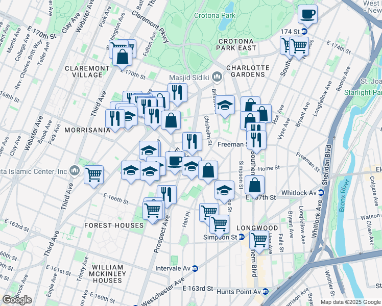 map of restaurants, bars, coffee shops, grocery stores, and more near 1342 Prospect Avenue in Bronx